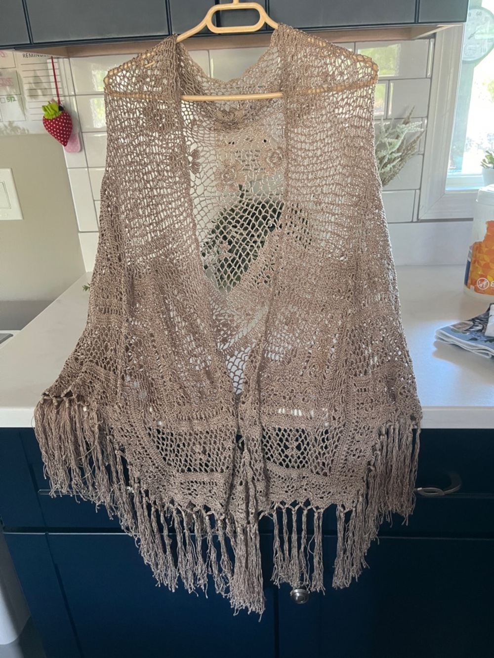 Crochet Fringe Shawl Vest in Taupe